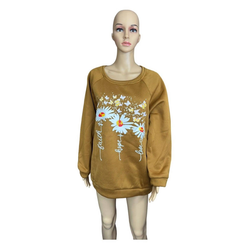 Women’s Floral 'Faith Hope Love' Crewneck Sweatshirt Size XL. Mustard